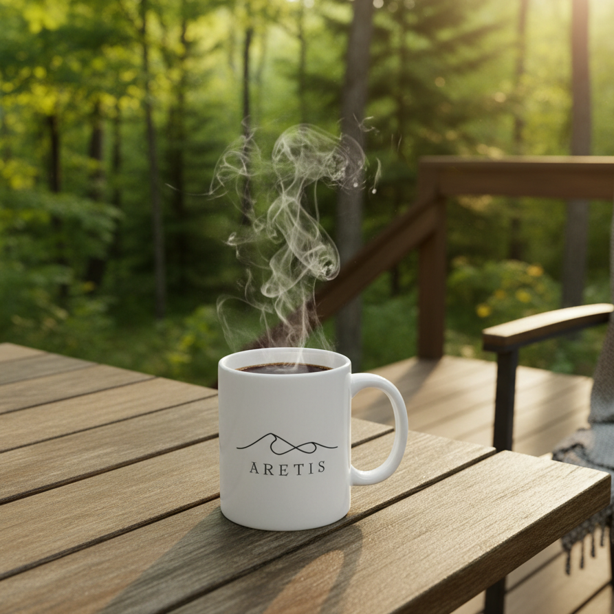 A white ceramic mug with a forest green minimalist mountain line logo and the word 'ARETIS' sits on a wooden deck table outdoors. Steam rises from the mug, with a blurred forest background and warm sunlight filtering through the trees.