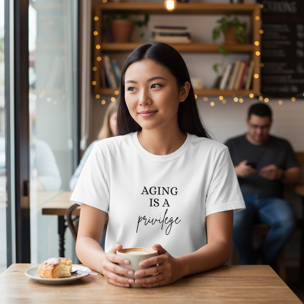 A woman sitting at a cafe table wearing an Aretis white graphic t-shirt that reads 'AGING IS A privilege'. She is holding a cup of coffee, with a pastry on a plate in front of her and a blurred man in the background of the cafe.