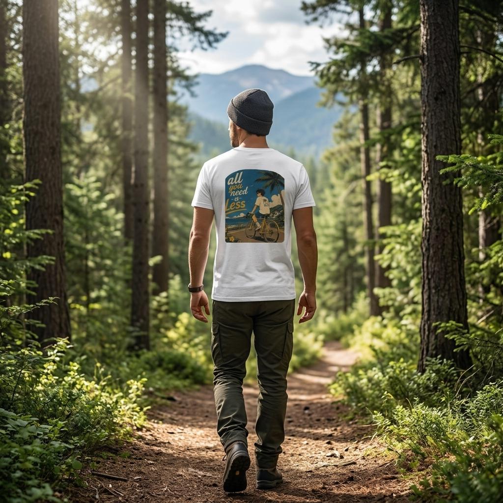 Man walking through a forest wearing a white t-shirt with an anime graphic design and text "all you need is less"