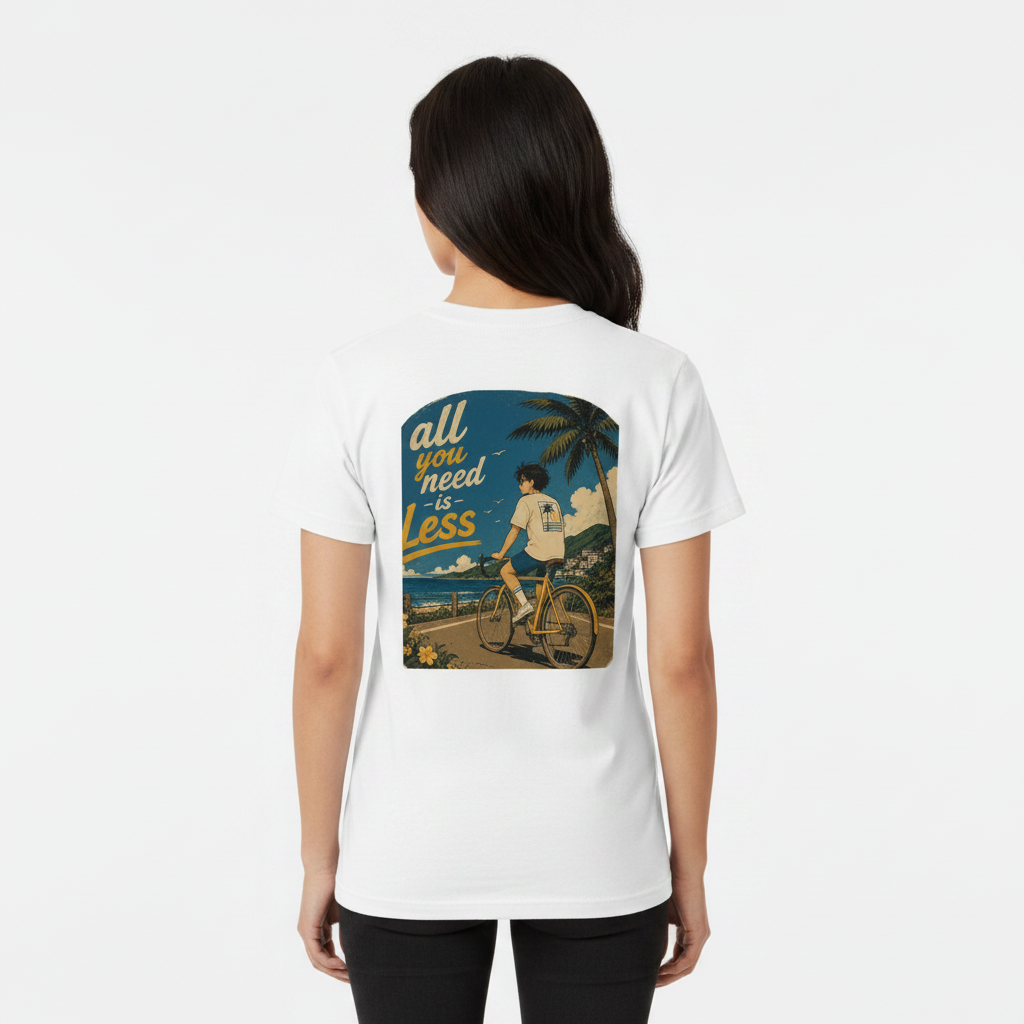 A woman viewed from behind wearing an Aretis white short-sleeve T-shirt with a large rectangular graphic print on the back. The print shows a retro-style beach scene with a woman riding a bicycle and the text 'all you need is less'.