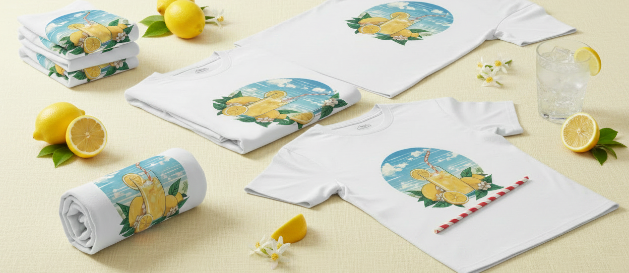 White t-shirts with lemon-themed designs on a light yellow background