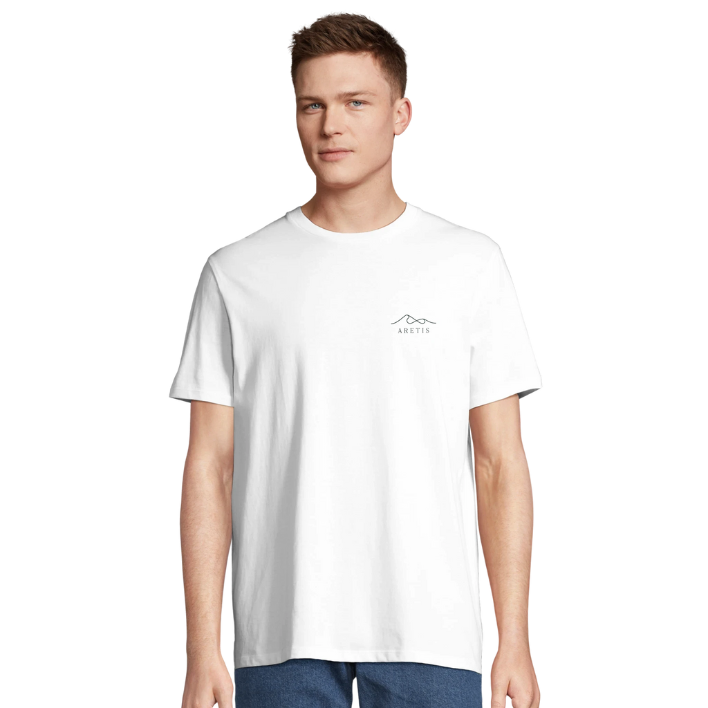 Man wearing a white t-shirt with the Aretis logo on a white background
