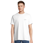 Man wearing a white t-shirt with the Aretis logo on a white background