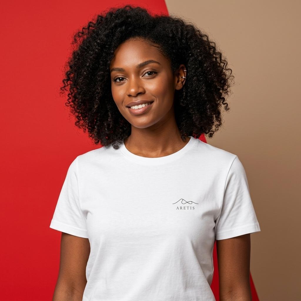 Woman wearing a white t-shirt with Aretis logo against a red and beige background