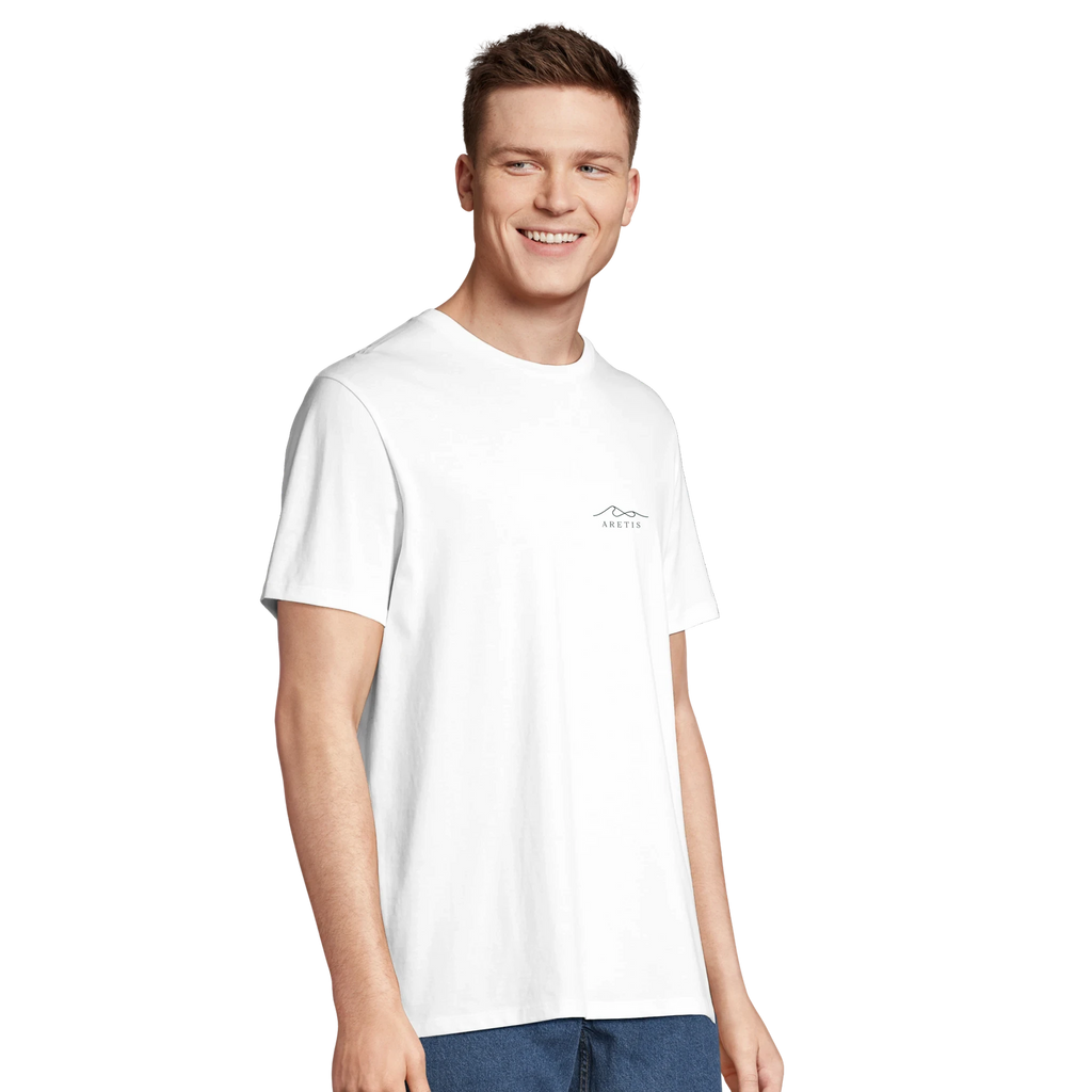 Man wearing a plain white t-shirt with Aretis logo on a white background