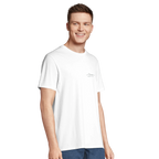 Man wearing a plain white t-shirt with Aretis logo on a white background