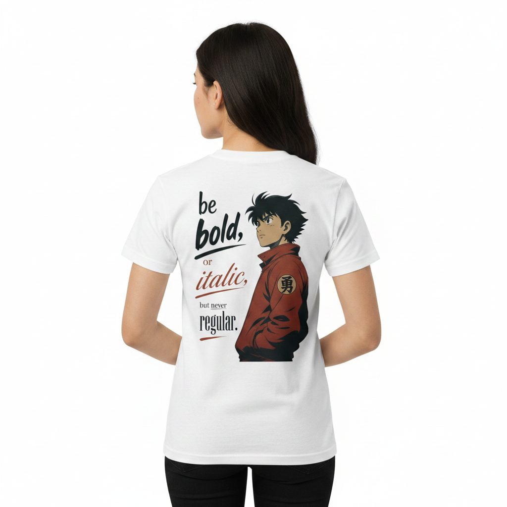Person wearing a white t-shirt with an anime character and text "be bold, or italic, but never be regular" on the back