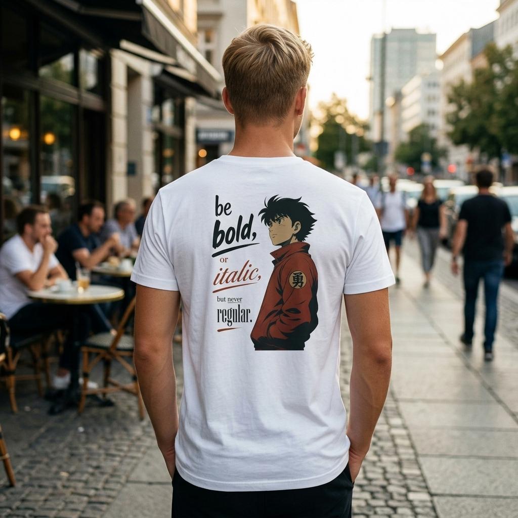Person wearing a white t-shirt with a graphic and text |be bold, or italic, but never regular" on the back, standing on a city street.
