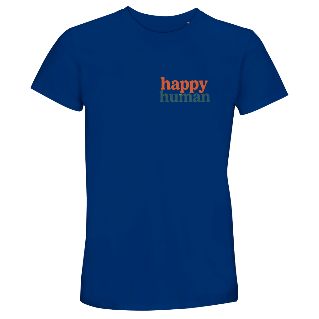 Blue t-shirt with 'happy human' text 