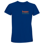 Blue t-shirt with 'happy human' text 