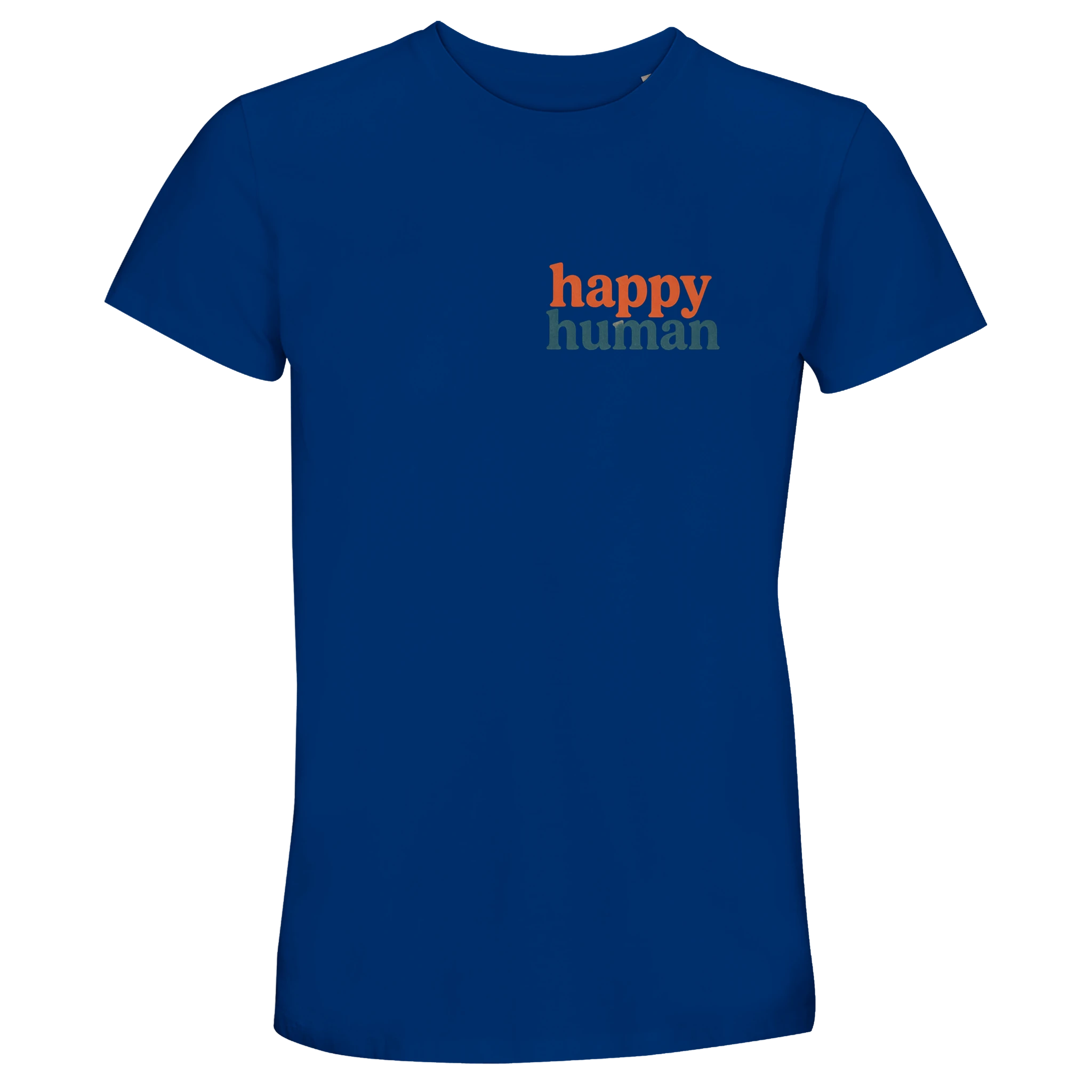 Blue t-shirt with 'happy human' text 