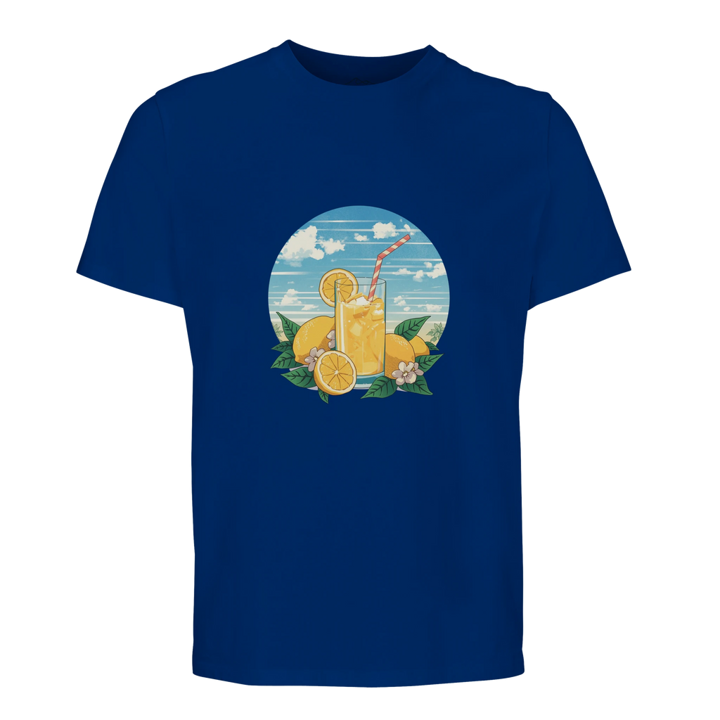 Blue t-shirt with a graphic of a glass of lemonade, lemons, and a straw on a white background