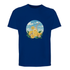 Blue t-shirt with a graphic of a glass of lemonade, lemons, and a straw on a white background