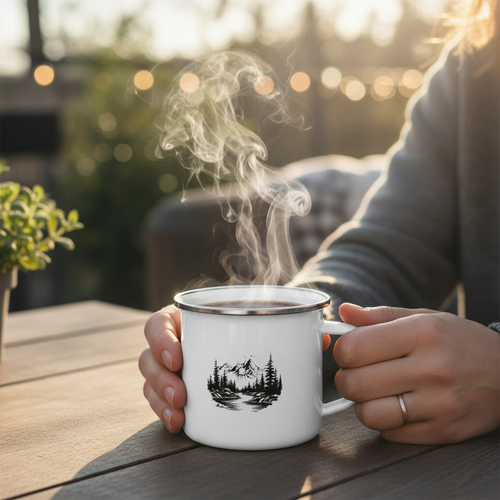 Mountain Trees Enamel Mug | White | 355 ml