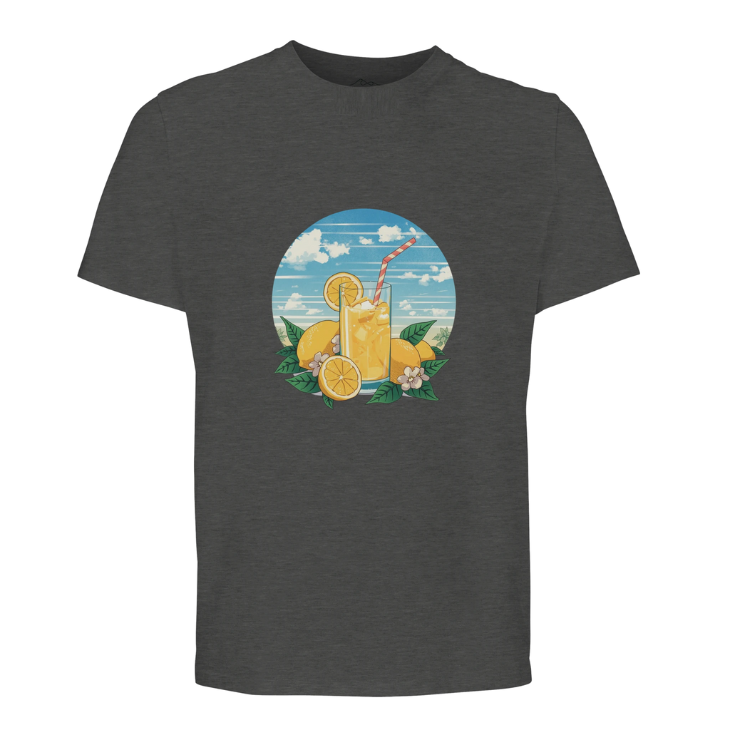 Dark gray t-shirt with a graphic of a lemonade glass and lemons on a white background