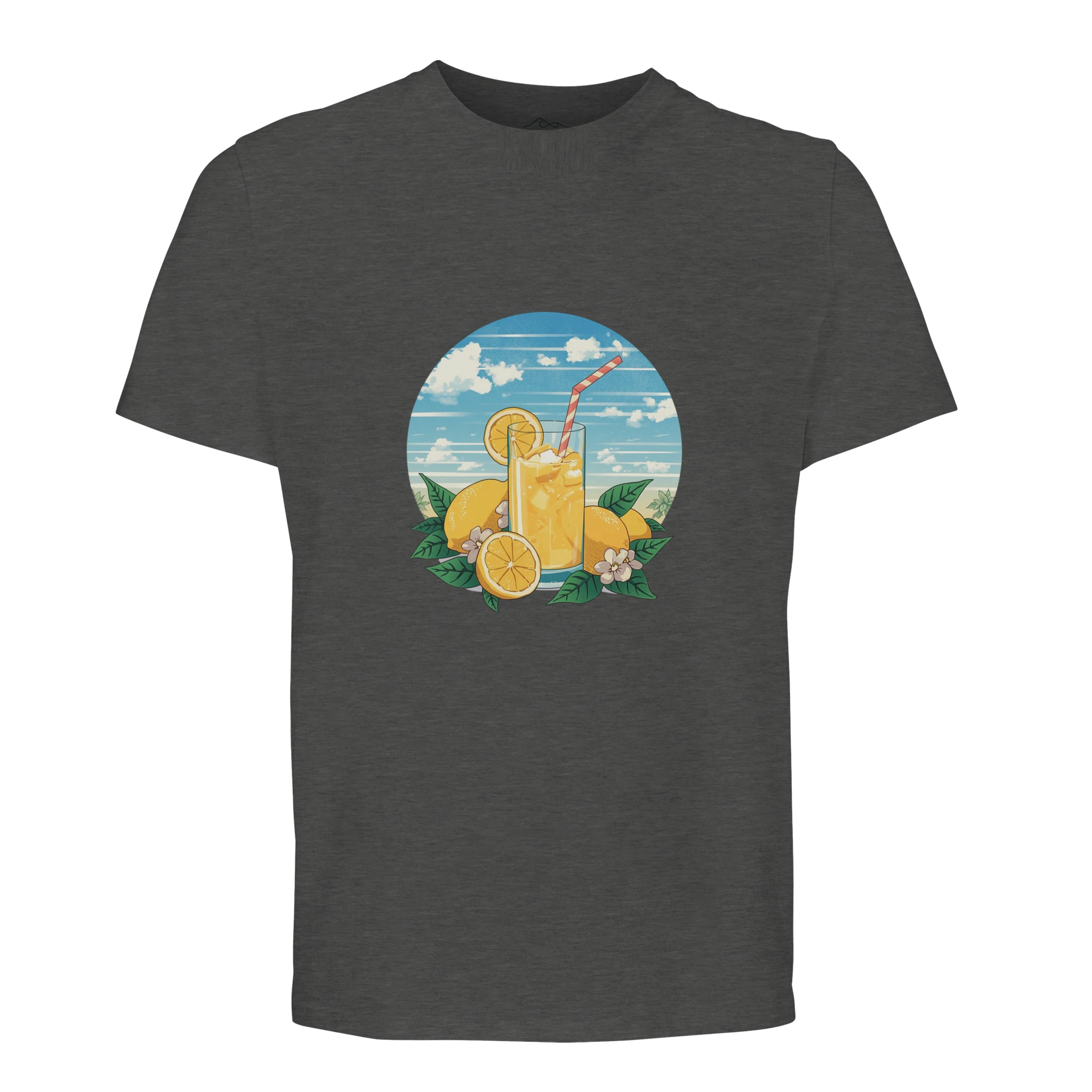 Dark gray t-shirt with a graphic of a lemonade glass and lemons on a white background