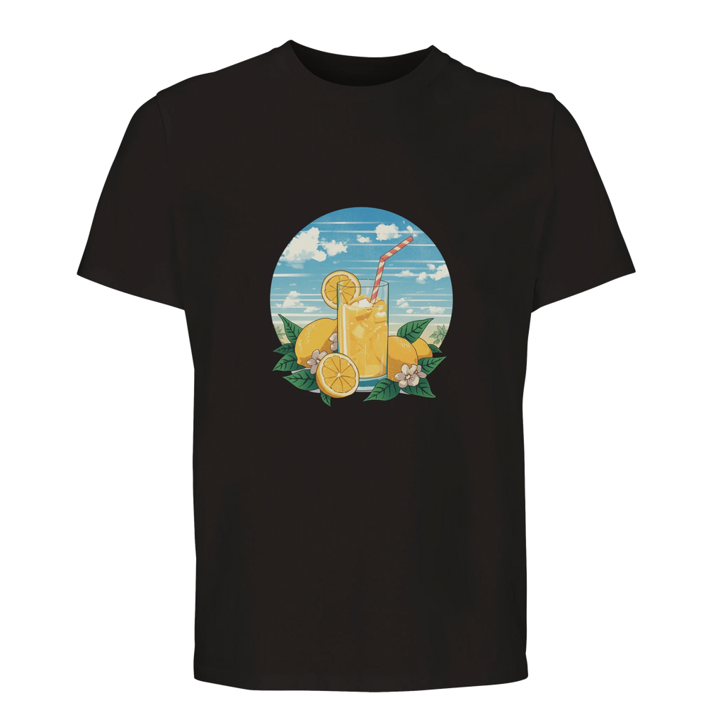 Black t-shirt with a graphic of a glass of lemonade, lemons, and a straw on a white background