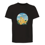 Black t-shirt with a graphic of a glass of lemonade, lemons, and a straw on a white background