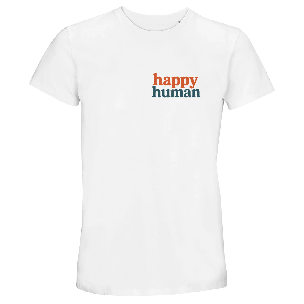 White t-shirt with 'happy human' text on a white background