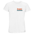 White t-shirt with 'happy human' text on a white background