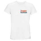 White t-shirt with 'happy human' text on a white background