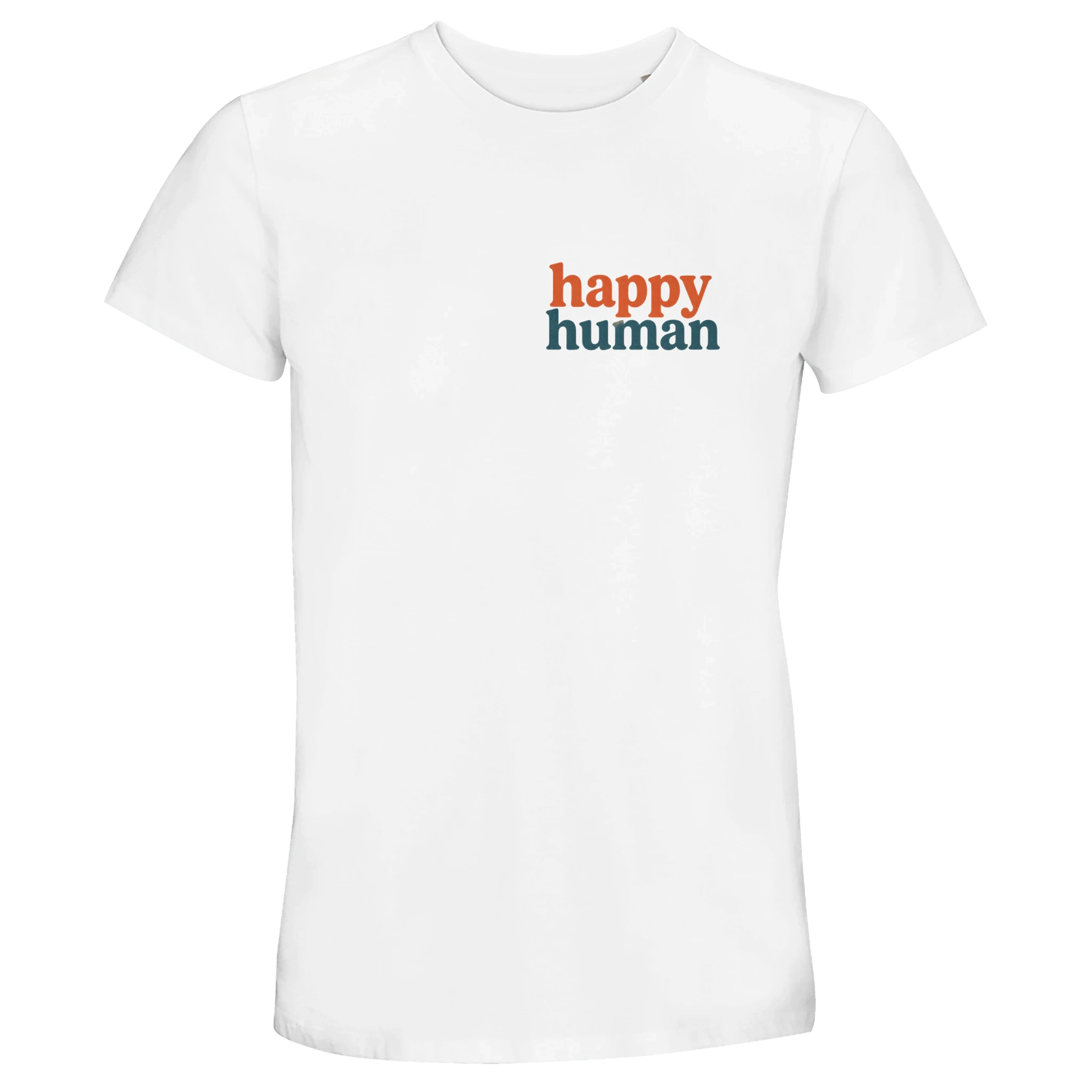White t-shirt with 'happy human' text on a white background