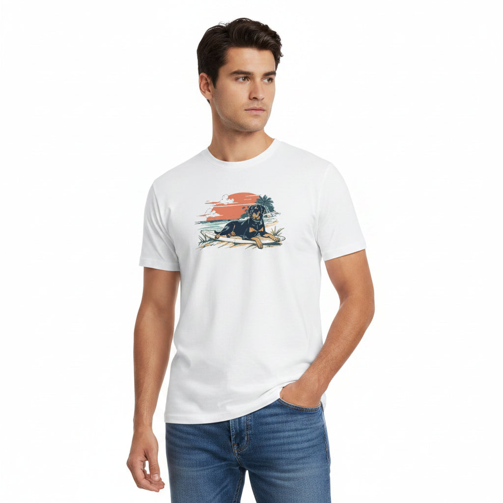 Man wearing a white t-shirt with a graphic design of a labrador on a surf on a white background