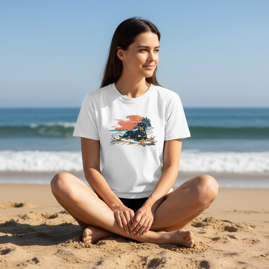 Woman sitting on the beach wearing a white t-shirt with a labrador graphic design.