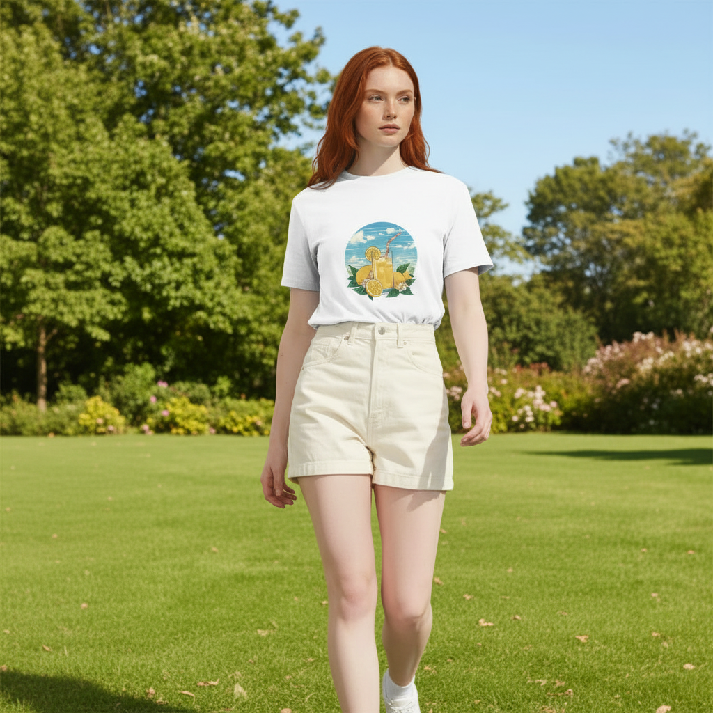 A young woman with red hair stands on a green lawn wearing an Aretis white graphic t-shirt and cream-colored shorts, with trees and a blue sky in the background.