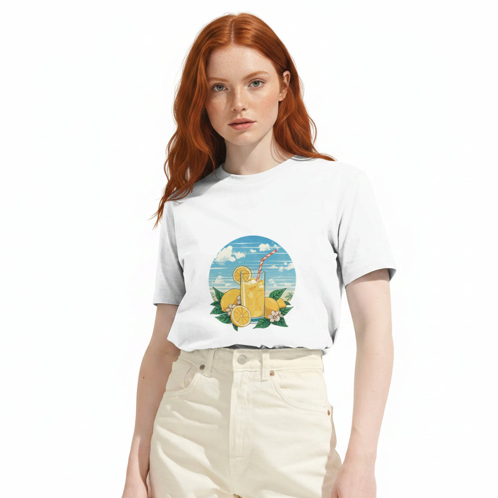 Woman wearing a white t-shirt with a graphic design on a white background