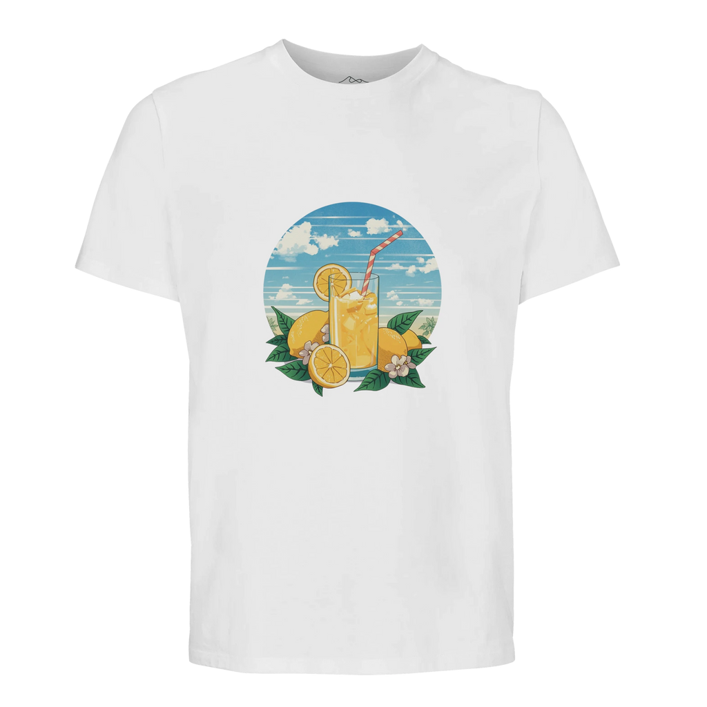 White t-shirt with a graphic of a lemonade drink and lemons on a white background