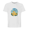 White t-shirt with a graphic of a lemonade drink and lemons on a white background