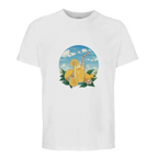 White t-shirt with a graphic of a lemonade drink and lemons on a white background