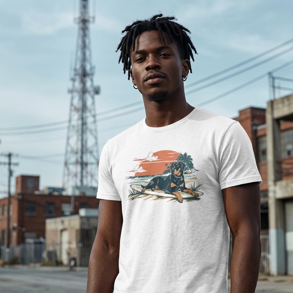 Man wearing a white t-shirt with a graphic design of a dog on a beach, standing in an urban setting.