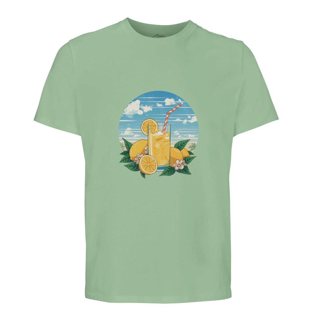 Light green t-shirt with a graphic of a glass of lemonade, lemons, and a straw on a white background.