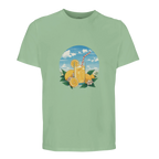 Light green t-shirt with a graphic of a glass of lemonade, lemons, and a straw on a white background.
