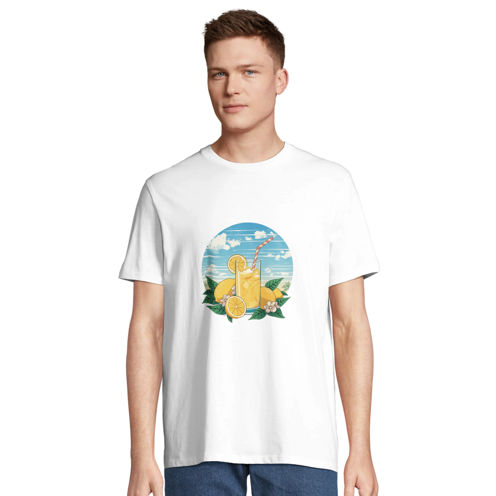 Man wearing a white t-shirt with a lemon-themed graphic design on a white background