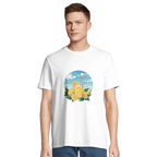 Man wearing a white t-shirt with a lemon-themed graphic design on a white background