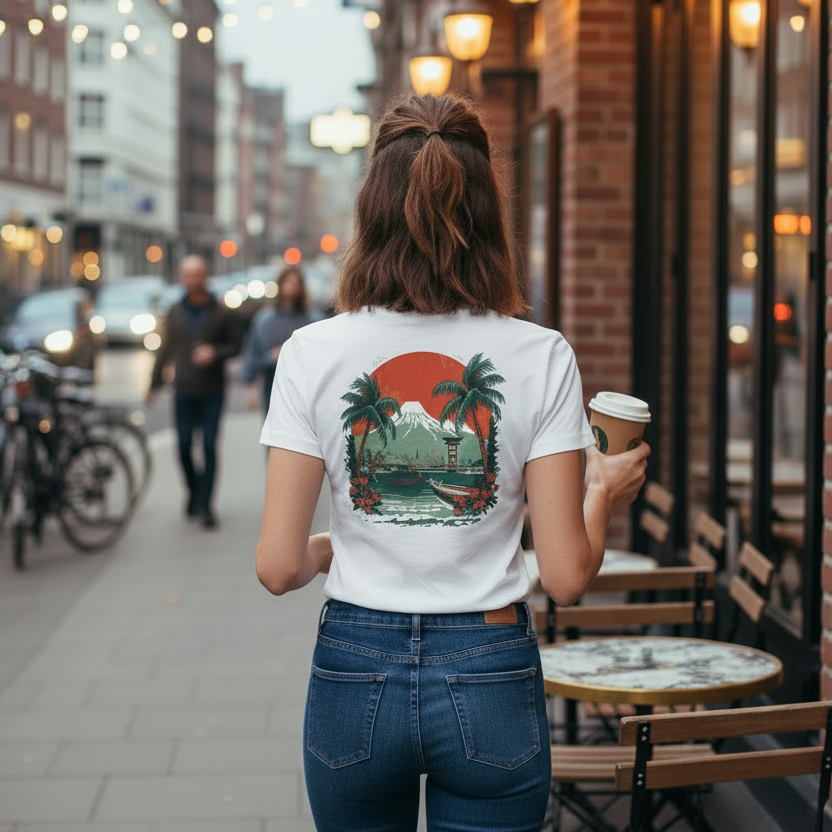 Person walking on a city street holding a coffee cup, wearing a white t-shirt with a graphic anime mount fuji design.