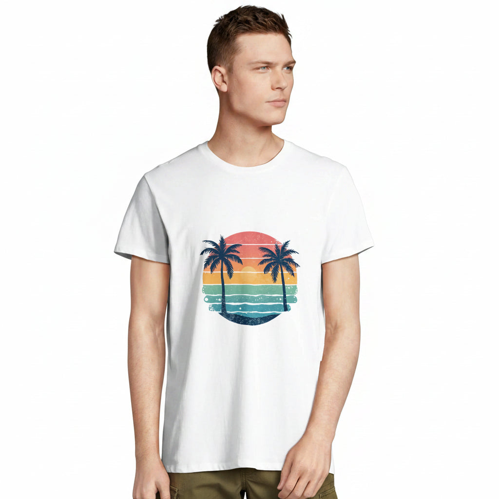 Man wearing a white t-shirt with a colourful palm tree design on a white background