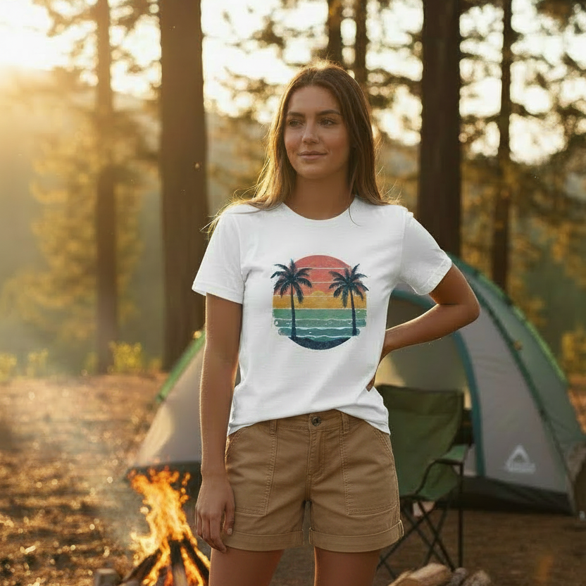 Woman wearing a white t-shirt with a palm tree design in a forest setting with tents and a campfire.