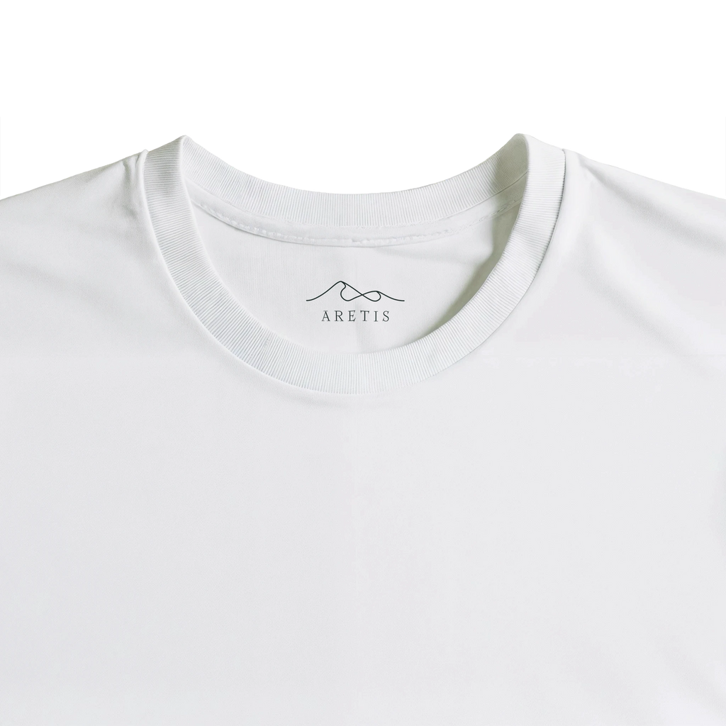 Close-up of a white t-shirt with 'Aretis' branding on the collar.