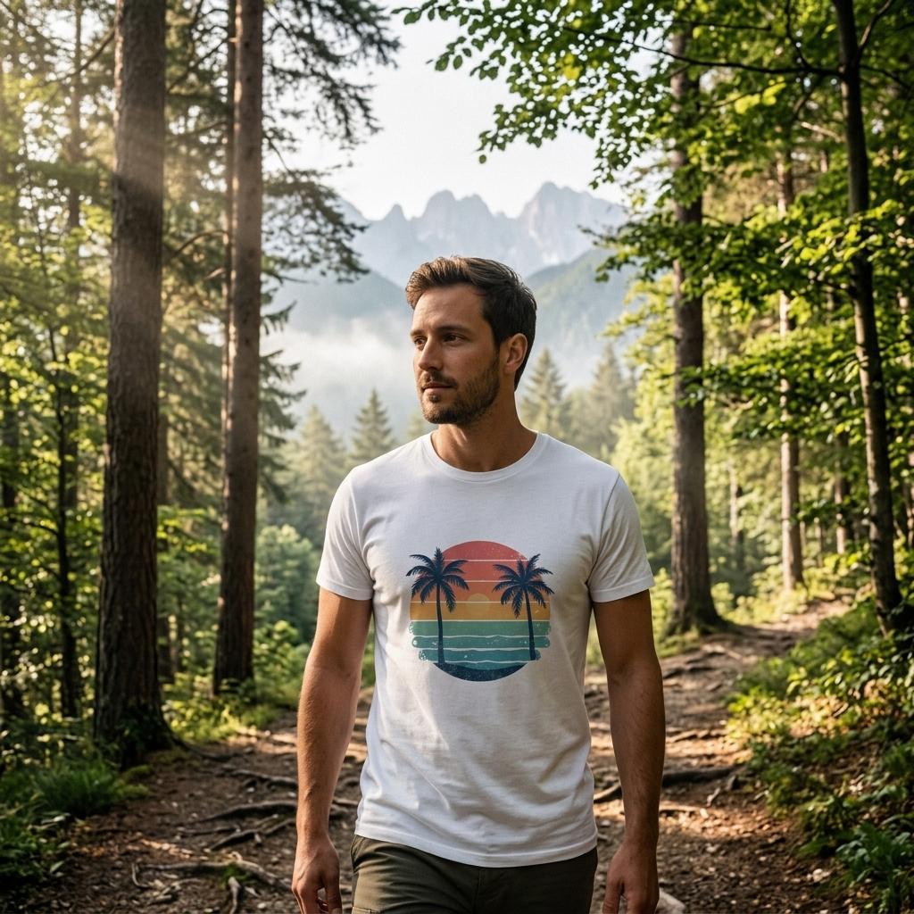 Man wearing a t-shirt with a palm tree design in a forest setting