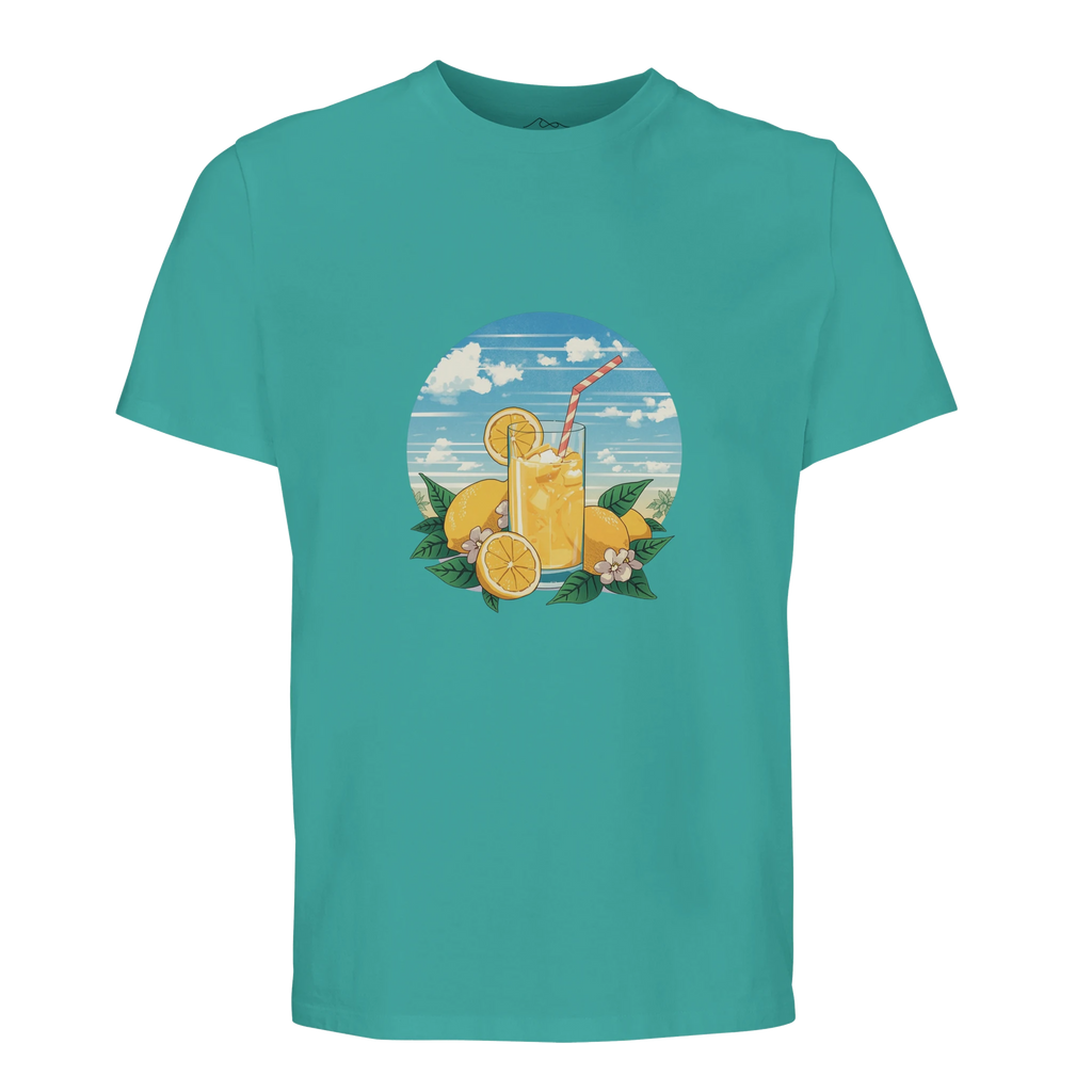 Teal t-shirt with a graphic of a glass of lemon juice, lemonade, and flowers on a white background