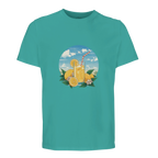 Teal t-shirt with a graphic of a glass of lemon juice, lemonade, and flowers on a white background