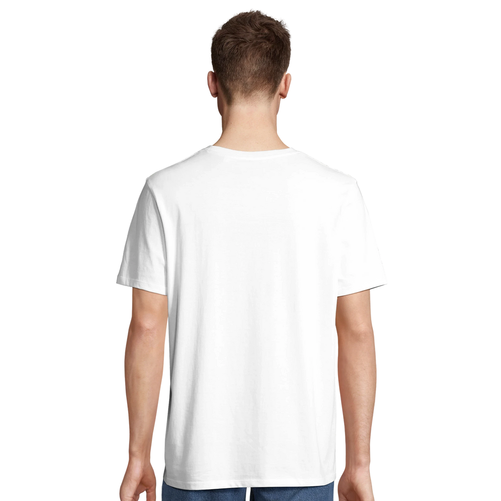 Person wearing a plain white t-shirt on a white background