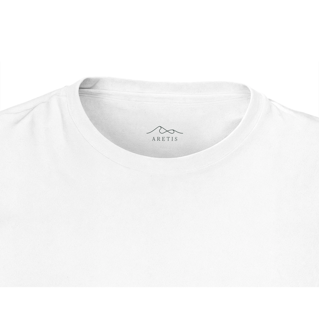 White t-shirt with an Aretis logo on a white background