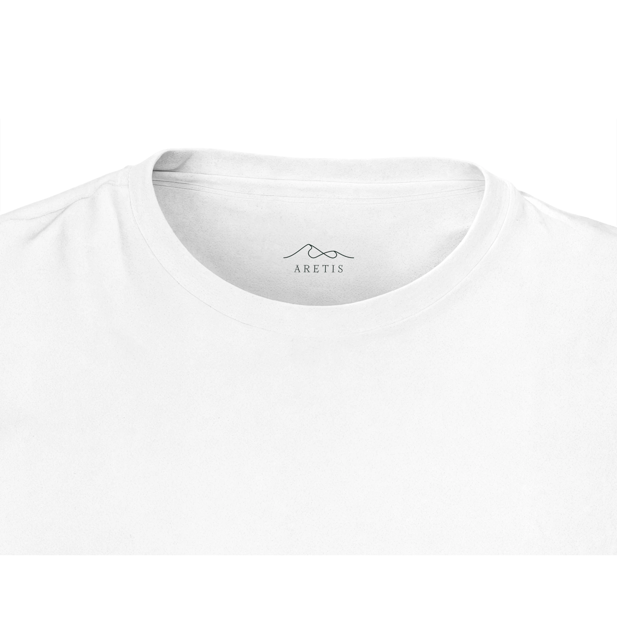 White t-shirt with an Aretis logo on a white background
