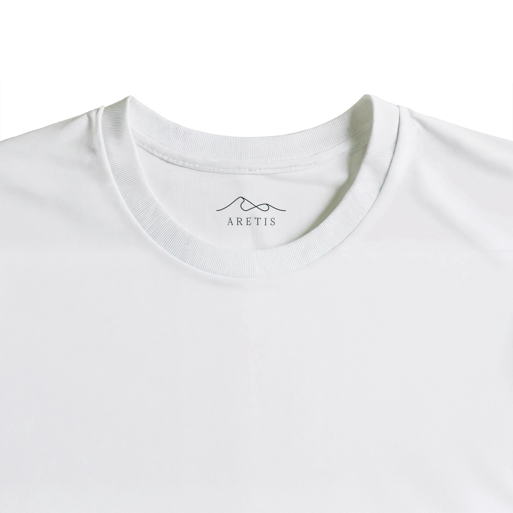 Close-up of a white t-shirt with 'Aretis' branding on the collar.
