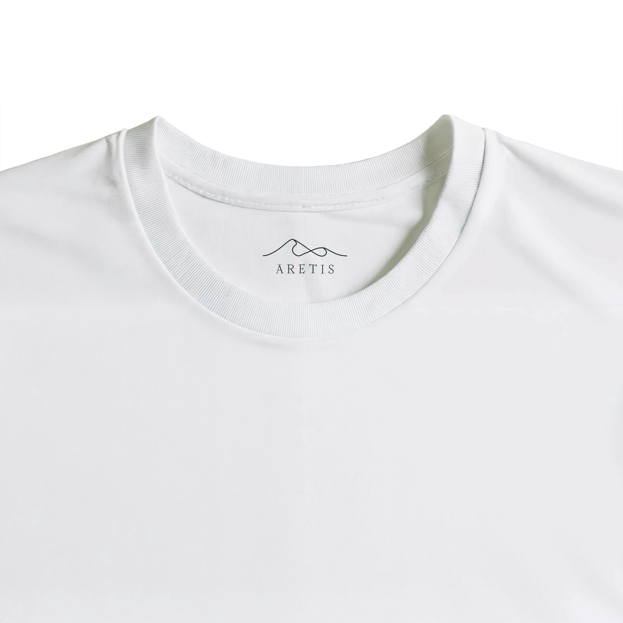 Close-up of a white t-shirt with 'Aretis' branding on the collar.